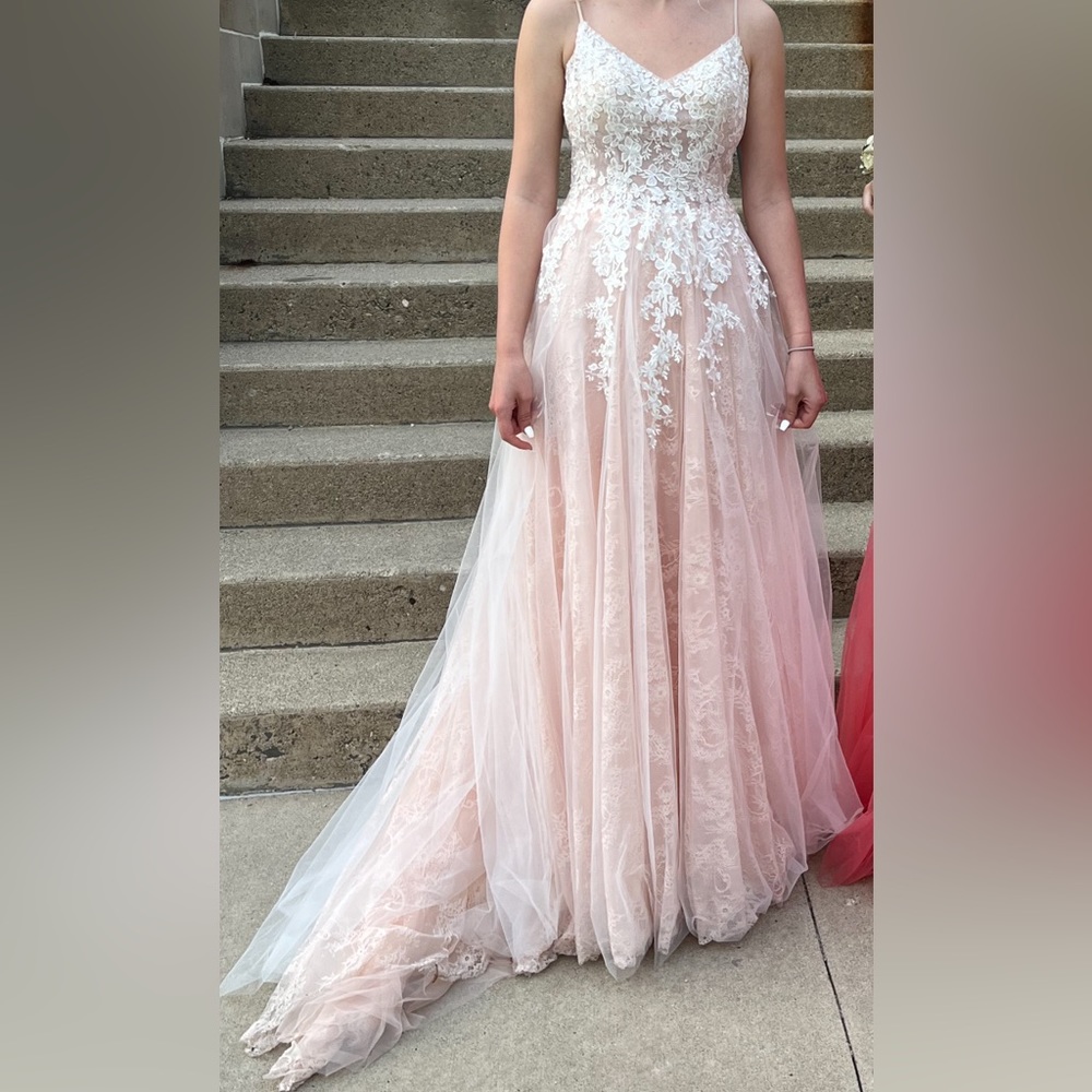 Light pink and white flowery prom dress
